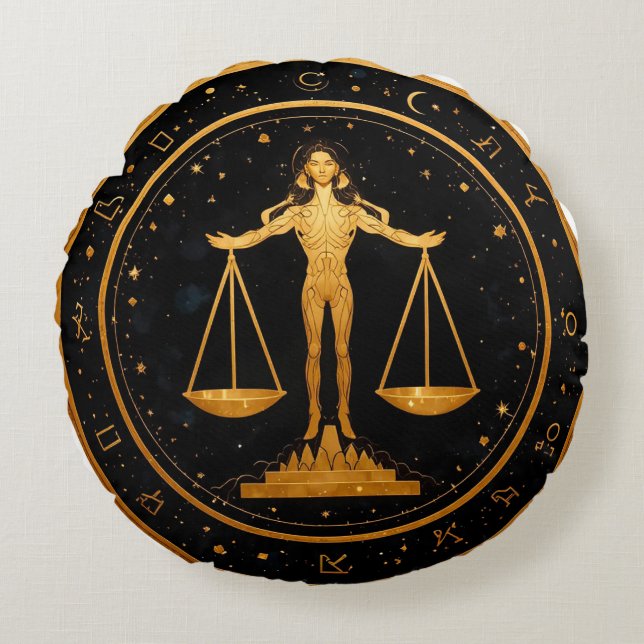 Guld Vågen Zodiak vågskål Rund Kudde (Framsidan)