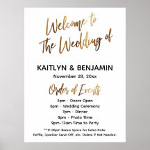 Guld välkomstmeddelande om Bröllop-tidslinjens hän