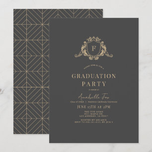 Guld Vapensköld Monogram Mörk Grått Studenten Inbjudningar
