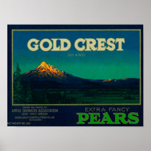 Guld Vapensköld Pear Låda LabelHood River, ELLER Poster