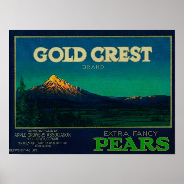 Guld Vapensköld Pear Låda LabelHood River, ELLER Poster (Framsidan)