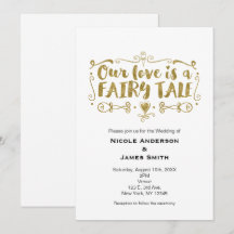 Guld VÅR KÄRLEK ÄR EN SAGOSTORY Bröllopsinbjudan