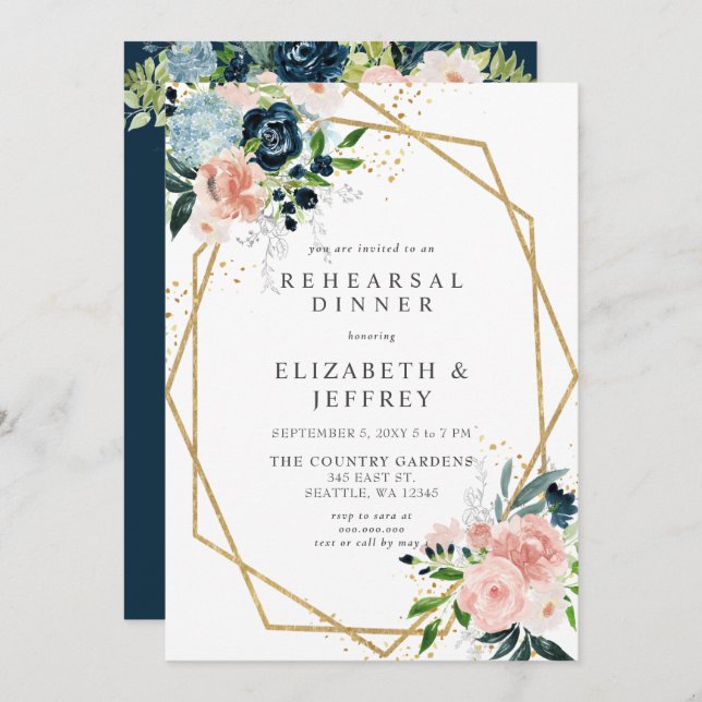  Guld-varmvattenningsmiddag för geometrisk Blommig Inbjudningar (Fram/baksida)