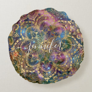 Guld vattenfärg Nebula Guld Mandala eget namn Rund Kudde