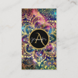 Guld vattenfärg och nebula blommigt mandala visitkort