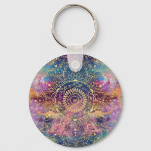 Guld vattenfärg och nebula mandala nyckelring
