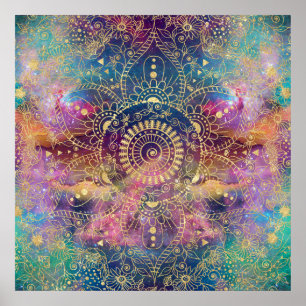 Guld vattenfärg och nebula mandala poster