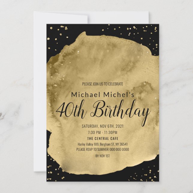 Guld vattenfärg penseldrag på svart inbjudningar (Framsida)