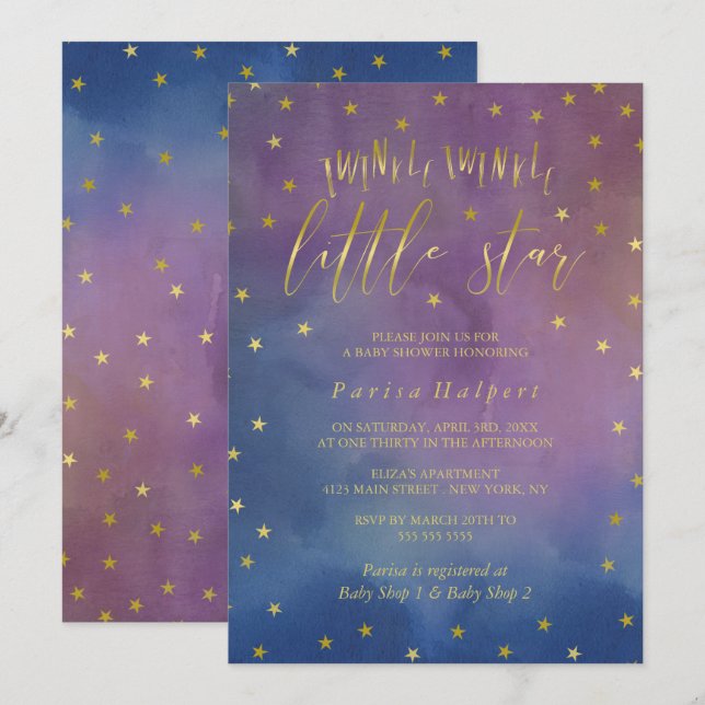 Guld & vattenfärg Twinkle Little Star Baby Shower Inbjudningar (Fram/baksida)