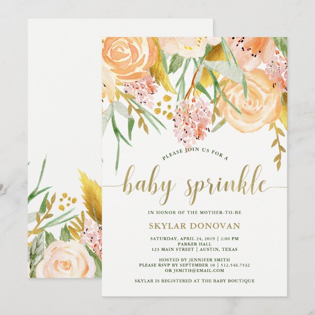 Guld- vattenfärgblommigt på babystänk för vit | inbjudningar (Fram/baksida)