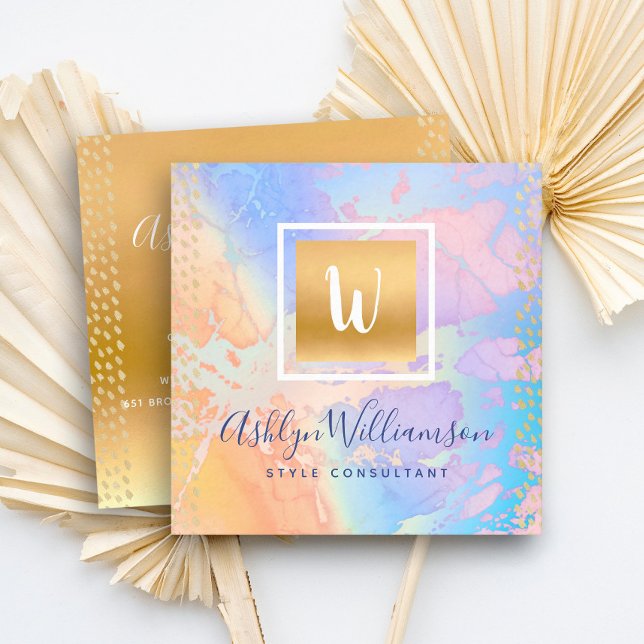 Guld vattenfärgsköldkvoten för lila orange monogra fyrkantigt visitkort (Skapare uppladdad)