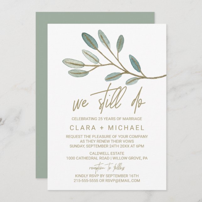 Guld Veining Eucalyptus Vow Renewal Inbjudningar (Fram/baksida)