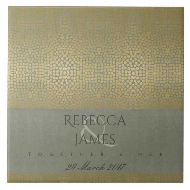 GULD VELVET GRÅTT MOSAIC DOTS SPARAR DATE GIFT KAKELPLATTA (Framsidan)
