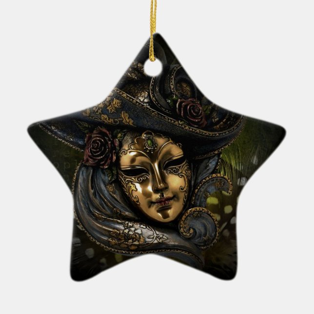 Guld venetiansk karnivalmask med blå hatt julgransprydnad keramik (Framsidan)