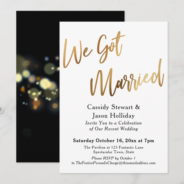 Guld Vi Gift Bokeh Svart Bakre Mottagning Inbjudningar (Fram/baksida)