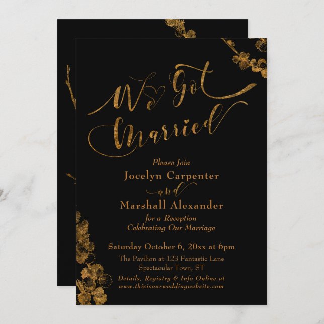 Guld Vi Gift Oss Med Botanik På Svart Inbjudningar (Fram/baksida)