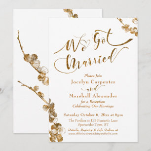 Guld Vi Gifta Oss Med Botaniska På Vit Bakgrund Inbjudningar