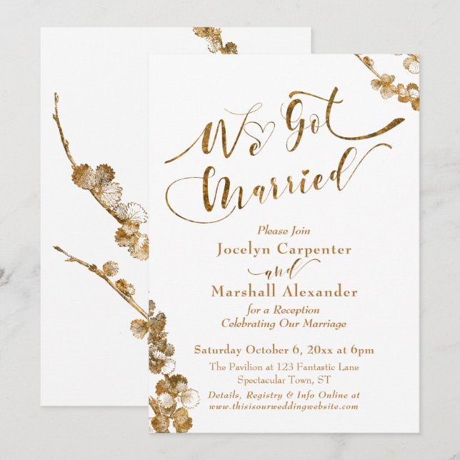 Guld Vi Har gift med botaniska djur på vitt Inbjudningar (Fram/baksida)