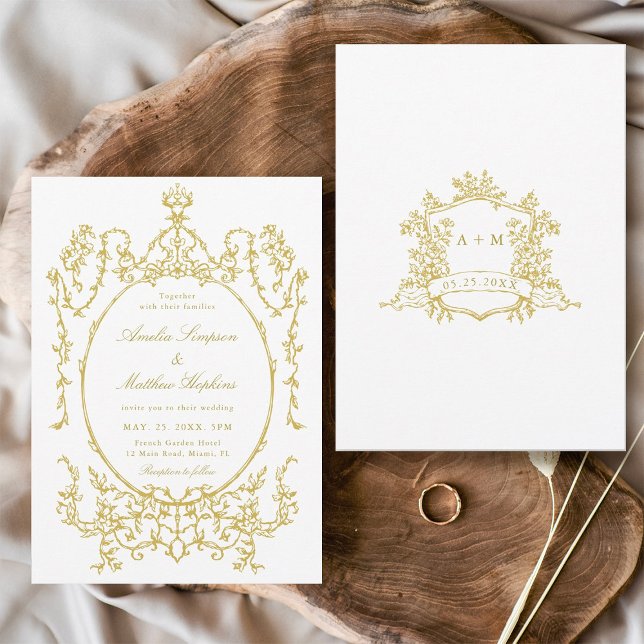 Guld Victorian Blommigt Ram Bröllop Inbjudningar (Front & Back)
