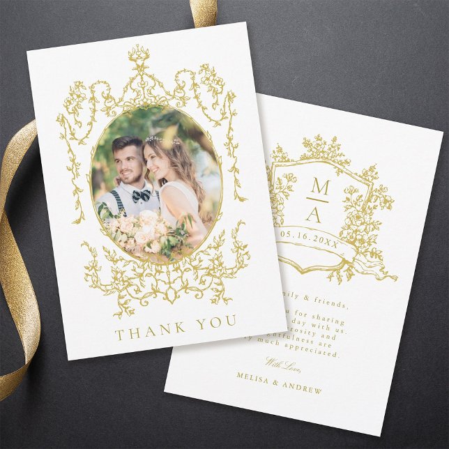 Guld Victorian Blommigt Ram Bröllop Photo Tack Kort (Front & Back)