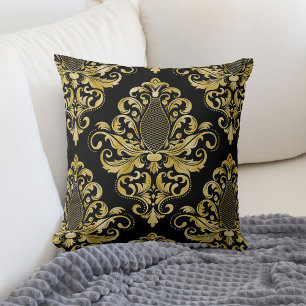 Guld Victorian Damask Pattern på Black Kudde