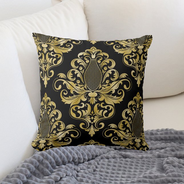 Guld Victorian Damask Pattern på Black Kudde (Skapare uppladdad)