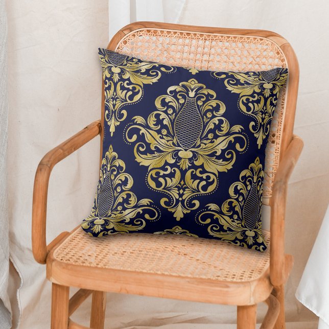 Guld Victorian Damask Pattern på Blue Kudde (Skapare uppladdad)