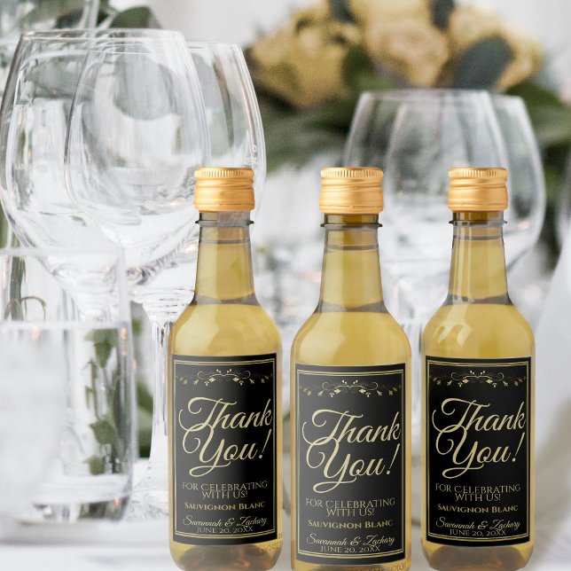 Guld vid Svarta Bröllop Mini Vin Flaska Tack Vinetikett (Skapare uppladdad)