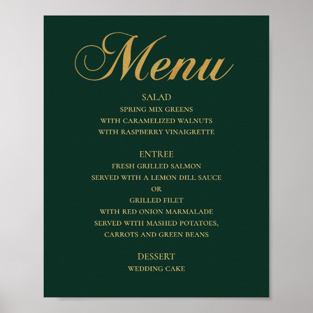 Guld vigselmeny. Grön elegant enkel Poster (Framsidan)