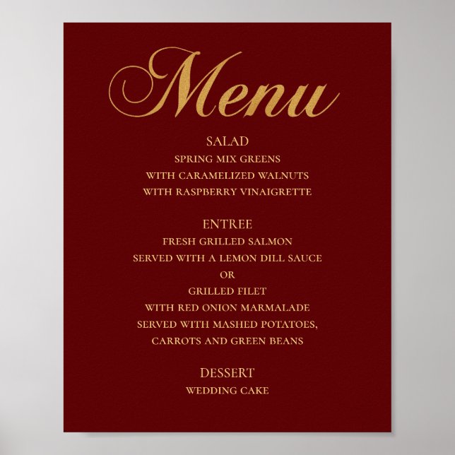 Guld vigselmeny. Mörkröd elegant enkel Poster (Framsidan)