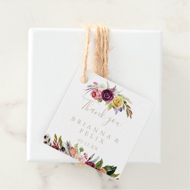 Guld Vild Feather Boho Tropical Blommigt Bröllop Gåvor Etiketter (På plats)