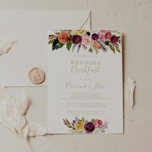 Guld Vild Feather Boho Tropical Bröllop Breakfast Inbjudningar