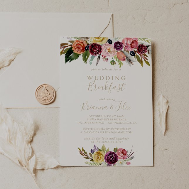 Guld Vild Feather Boho Tropical Bröllop Breakfast Inbjudningar (Skapare uppladdad)