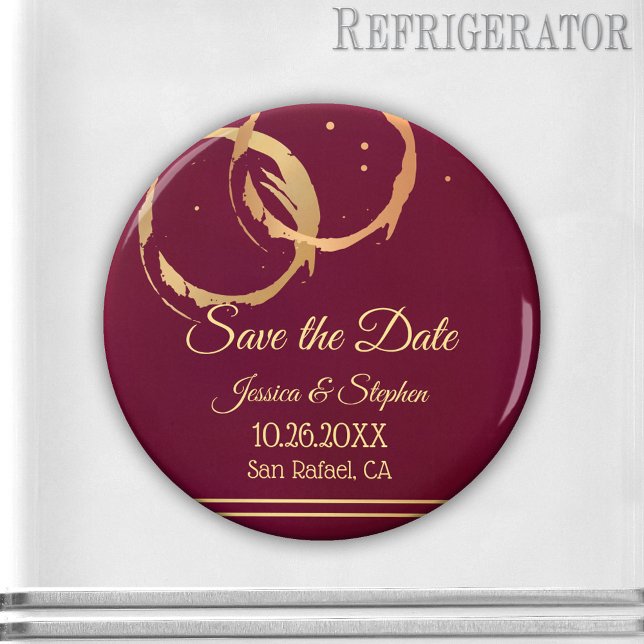 Guld Vin Spara datum magneter (Save the Date magnet featuring gold and rose gold colored wine rings with sparkles on burgundy)