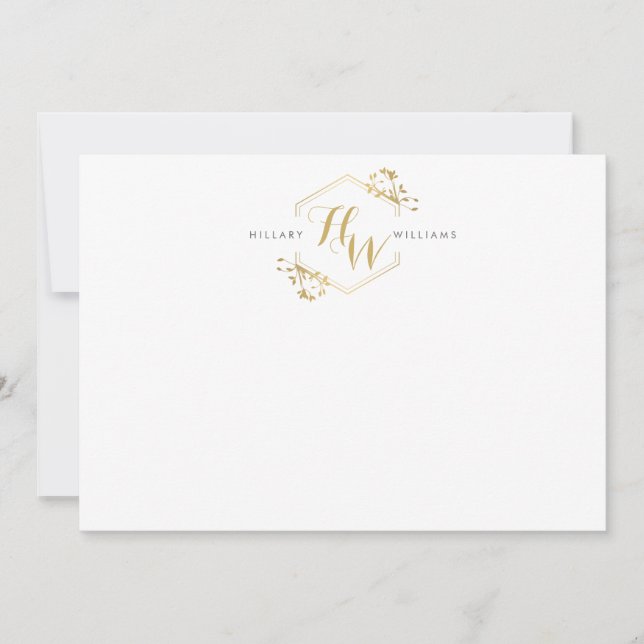 Guld Vine och Löv Monogram Emblem Flat Notecard Anteckningskort (Framsida)