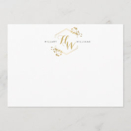 Guld Vine och Löv Monogram Emblem Flat Notecard Anteckningskort