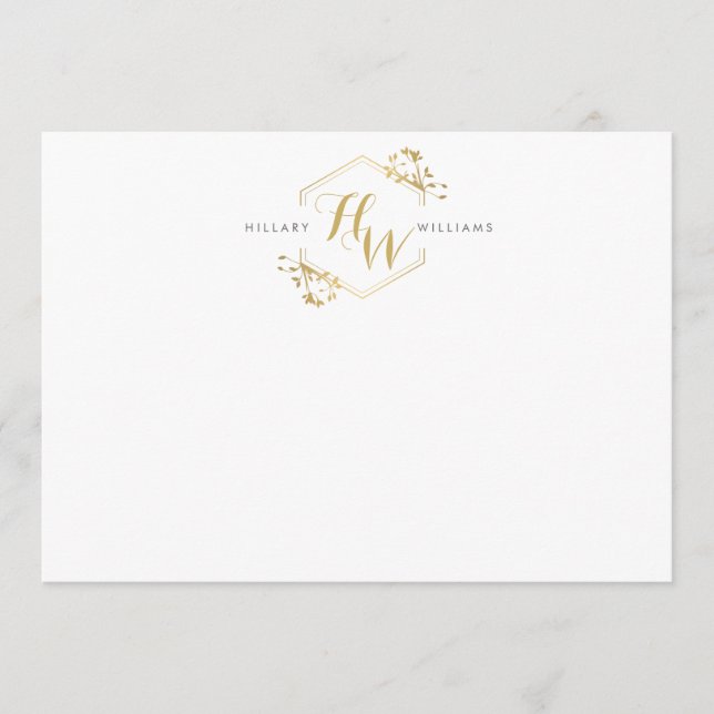 Guld Vine och Löv Monogram Emblem Flat Notecard Anteckningskort (Framsida)