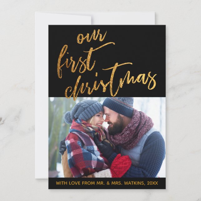 Guld Vinkarare på svart vår första jul, foto Julkort (Framsida)