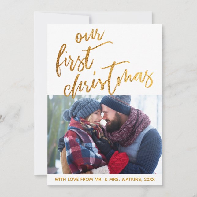 Guld Vinkarare på vit vår första jul, foto Julkort (Framsida)