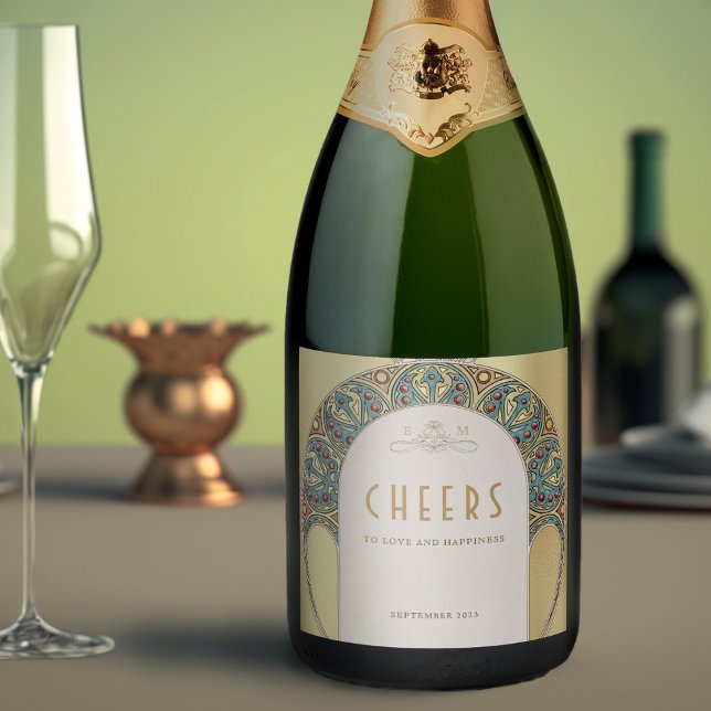 Guld Vintage Art nouveau Mucha Sparkling Vin Labe (Skapare uppladdad)