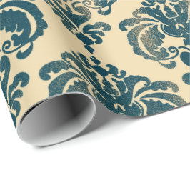 Guld & Vintage Blå Rustik Modern Glam Damastmönste Presentpapper