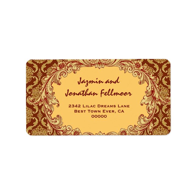 Guld Vintage Curlicue Damask S455 Adressetikett (Framsidan)