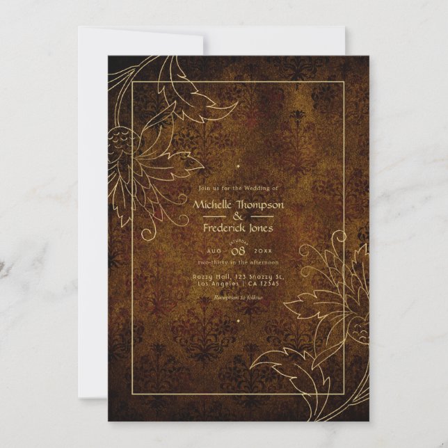 Guld Vintage Damask Wedding Inbjudningar (Framsida)