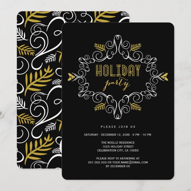 Guld Vintage Deco Foliage Classic Julfest Inbjudningar (Fram/baksida)
