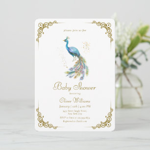 Guld Vintage Elegant Påfågel Baby Shower Inbjudningar