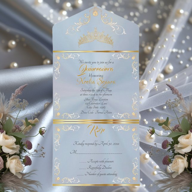 Guld Vintage Kant Quinceanera - Pastellblå (Skapare uppladdad)