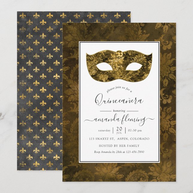 Guld Vintage Masquerade Quinceañera Inbjudningar (Fram/baksida)