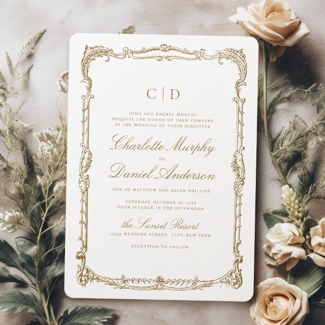 Guld Vintage Ram Classic Script Monogram Bröllop Inbjudningar (Gold Vintage Frame Classic Script Monogram Wedding Invitation)