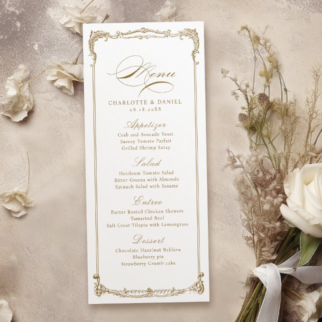 Guld Vintage Ram Klassiskt skript Bröllop-meny Meny (Gold Vintage Frame Classic Script Wedding Menu)