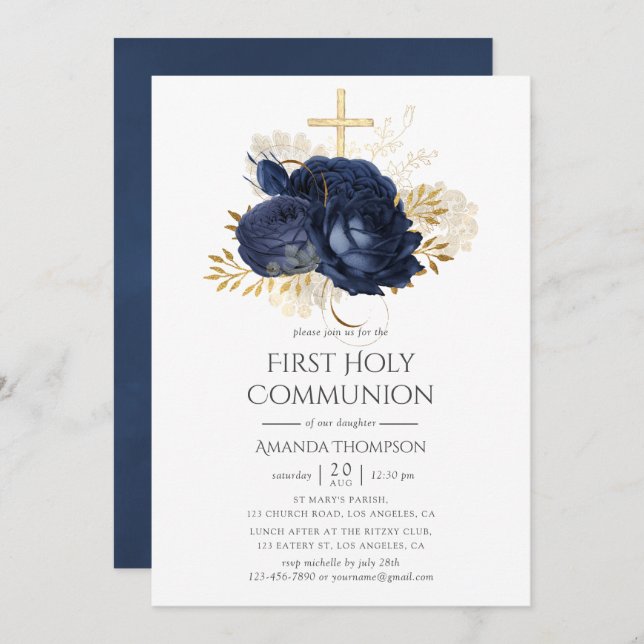 Guld Vintage Shabby Ro Heliga Communion Inbjudningar (Fram/baksida)